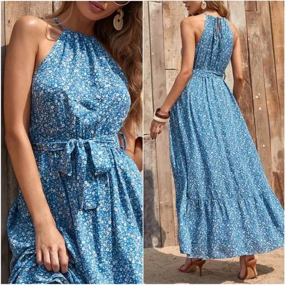 Boho Floral Print Halter Ruffle Maxi Dress CottageCore - Picture 2 of 3
